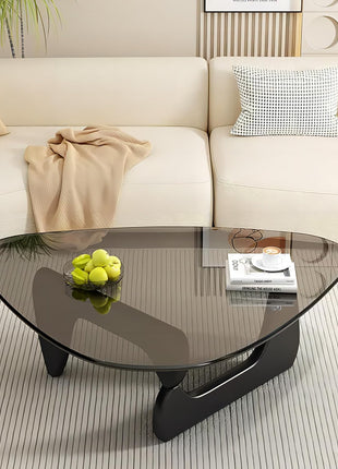 Contemporary Round Glass Coffee Table with Abstract Design, 32.68" Diameter x 22.44" Width x 15.75" Height, Black-Gray Finish for Living Room and Home Office