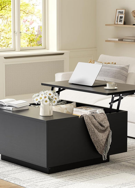 Lift-Top Coffee Table with Concealed Storage, Square Wood Design for Living Room and Home Office, Black Finish