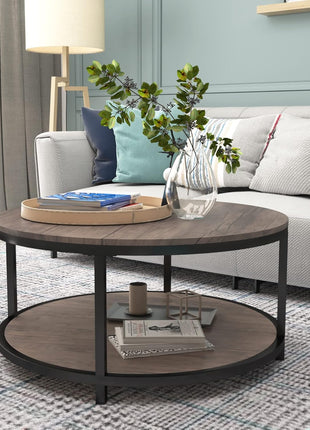 36-Inch Round Coffee Table for Living Room, Two-Tier Rustic Wood Design with Storage Shelf, Modern Home Furniture in Light Walnut
