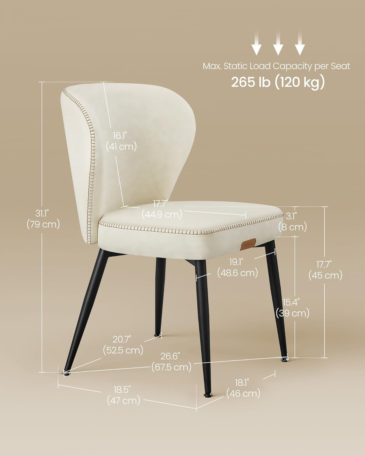 EKHO Collection - Dining Chairs Set of 2, Upholstered Kitchen Chairs, Comfortable Seat, Synthetic Leather with Stitching, Mid-Century Modern, Easy Assembly, Living Room Lounge, Cream White