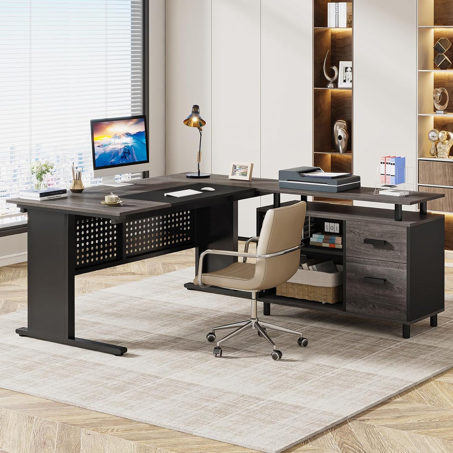 63 Inch Executive Desk with File Cabinet, L Shaped Office Desk with Drawers and Storage Shelves, Business Furniture Set Workstation for Home Office, Gray and Black