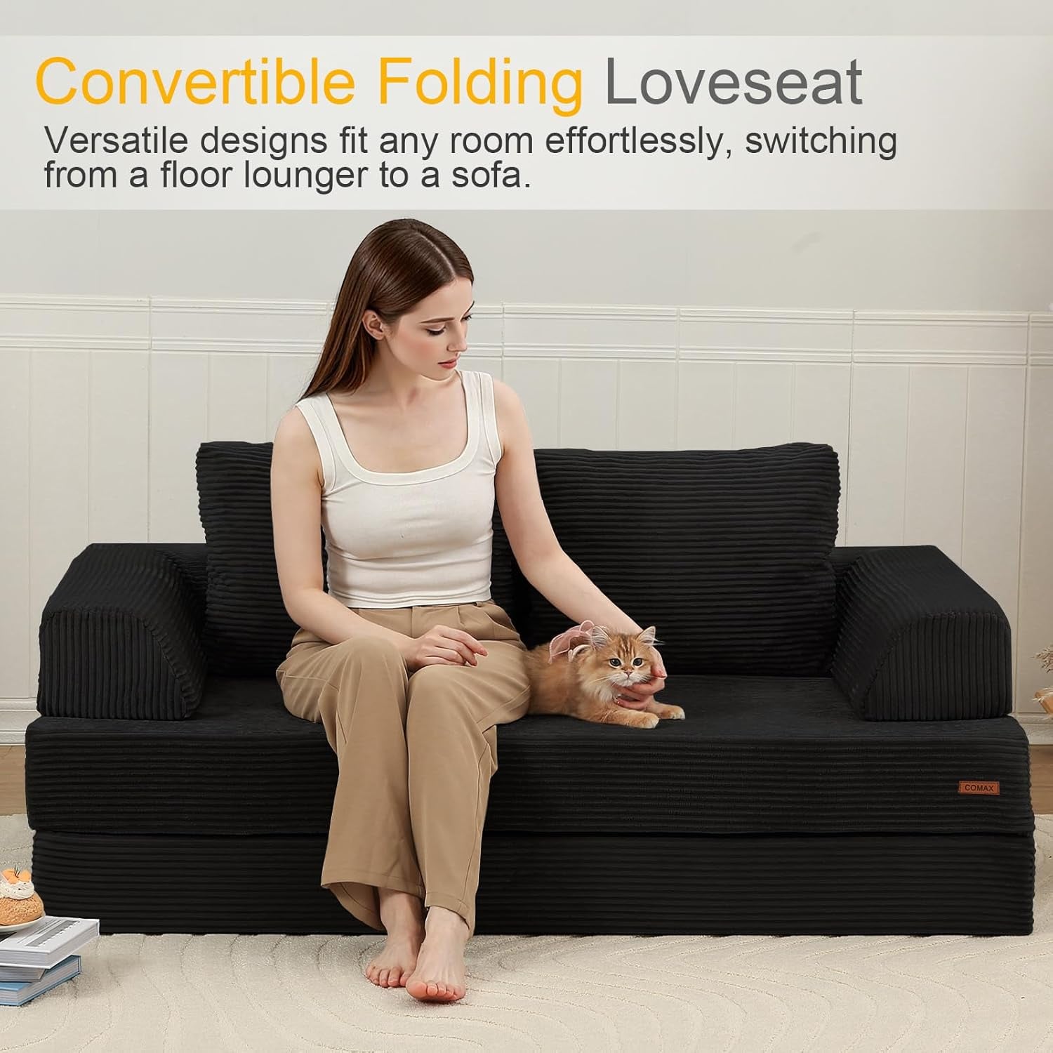 Convertible Sofa Bed – Folding Floor Couch Loveseat with Corduroy Cover & Pillows, Black | Multi‑Mode Lounger, Futon Sleeper Mattress for Living Room & Bedroom