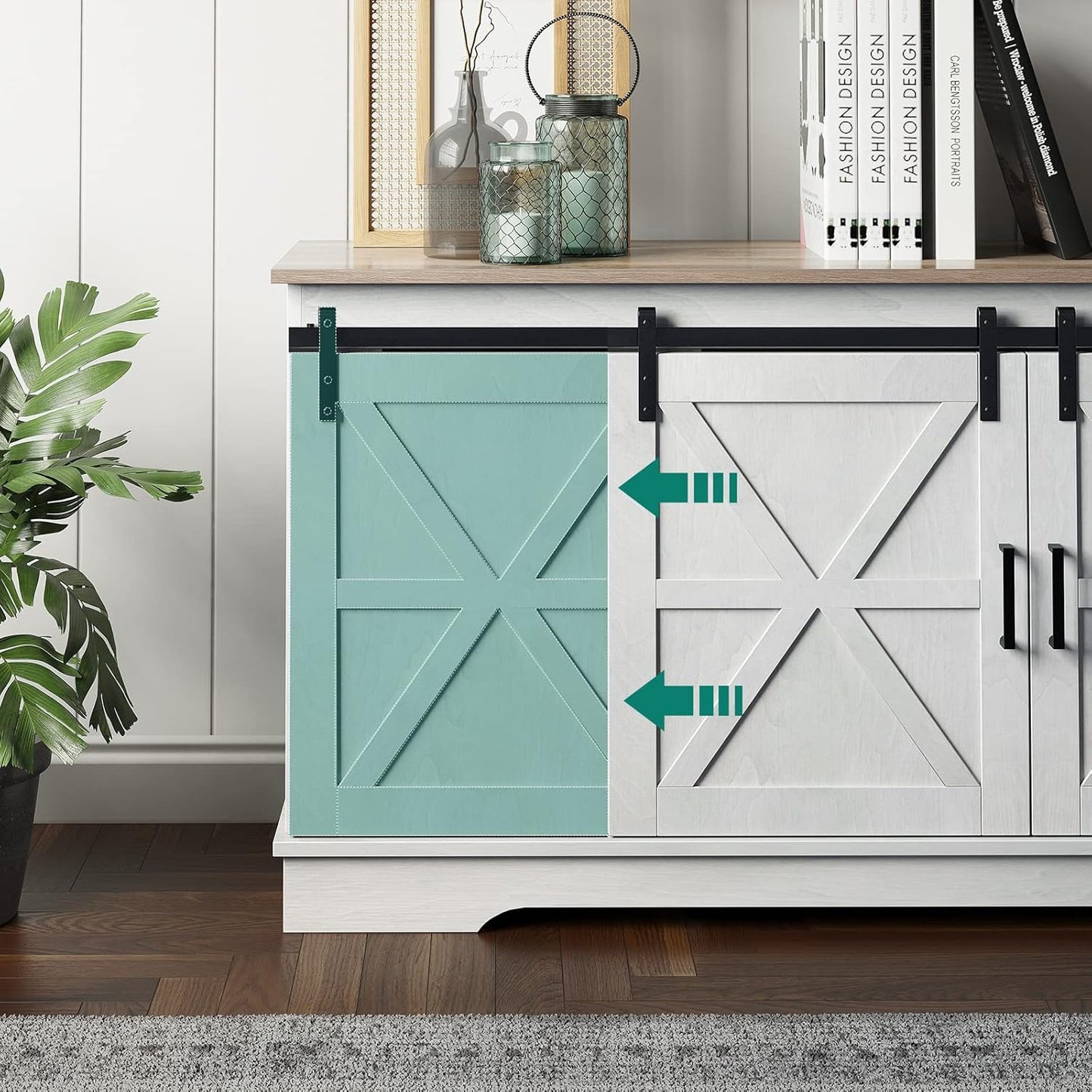 Farmhouse TV Stand for 65 Inch Television Stand, Entertainment Center with Storage Cabinets and Sliding Barn Doors, Rustic Media TV Console Table for Living Room, Grey White/Grey Wash