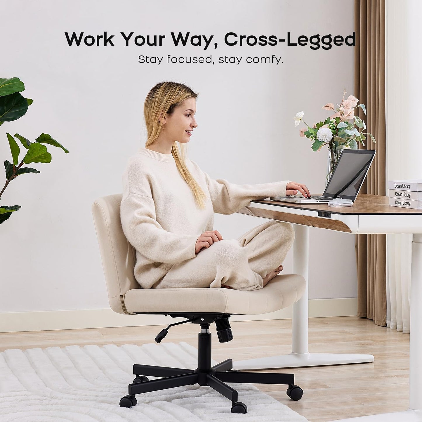 Criss Cross Chair with Wheels, Wide Cross Legged Desk Chair, Comfy Fabric Vanity Chair for Home Office Bedroom, Adjustable Armless Swivel Task Chair with 90–115° Tilt, Beige