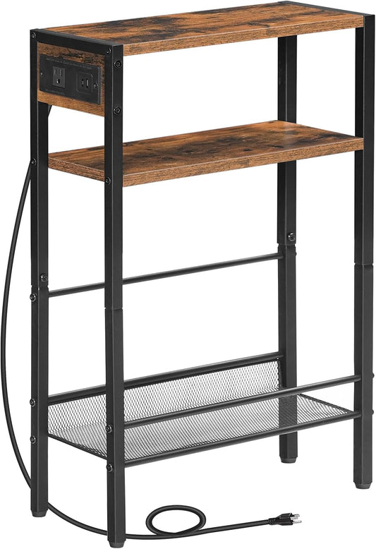 Small Narrow Side Table with Charging Station, Skinny End Table for Small Spaces, Slim Nightstand with USB Ports Outlet, Sofa beside Table with Storage Shelf, Rustic Brown and Black BF102UBZ01