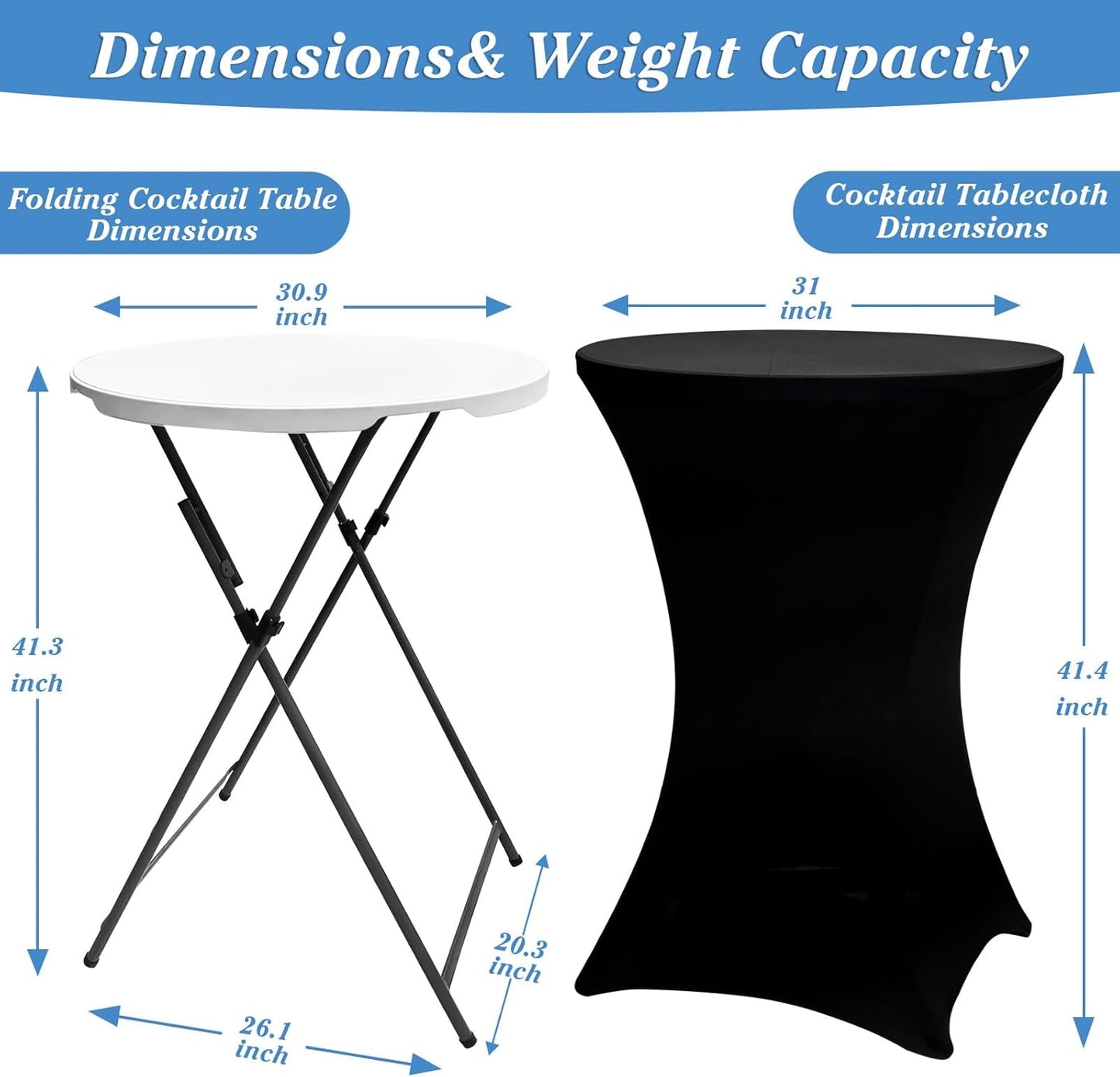 2Sets 32In Hightop Folding Cocktail Tables+Covers-Spandex Stretch Folding Tall Bar Table Covers, Detachable Legs Bar Height Folding Table Outdoor Indoor Use (Black/2 Tables+2 Covers)