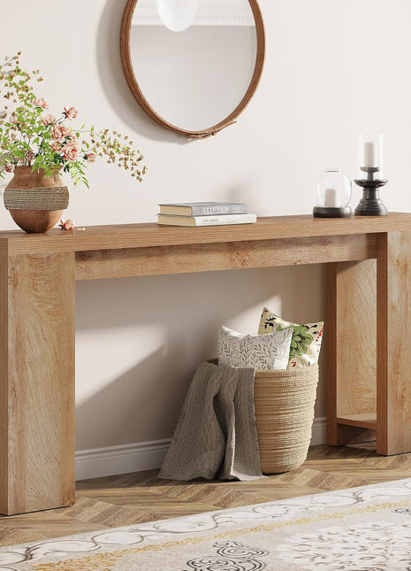 70.9-Inch Extended Farmhouse Console Table in Light Oak Brown for Living Room, Hallway, and Entryway