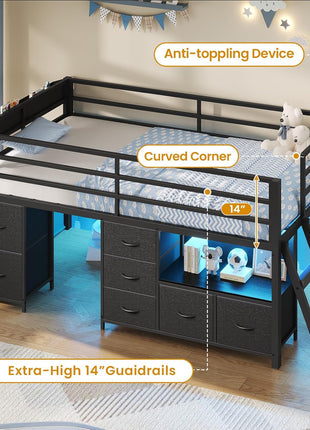 Twin Size Low Loft Bed with 7 Storage Drawers, Bookcase, LED Lights, Safety Guardrail, Inclined Ladder, Play Curtain, and Under-Bed Play Space in Black