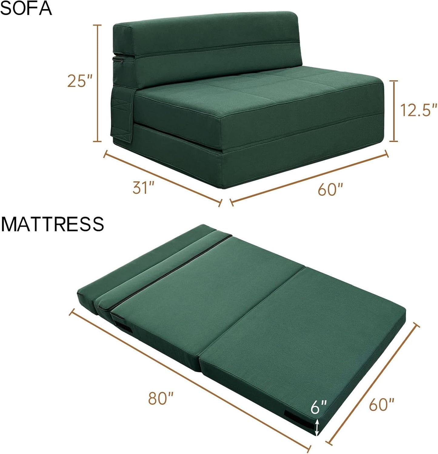 Fold Out Couch Bed Memory Foam Sleeper Chair with 2 Pillows, Queen Size Futon Couch Guest Convertible Chair Bed, Washable Cover, Dark Green