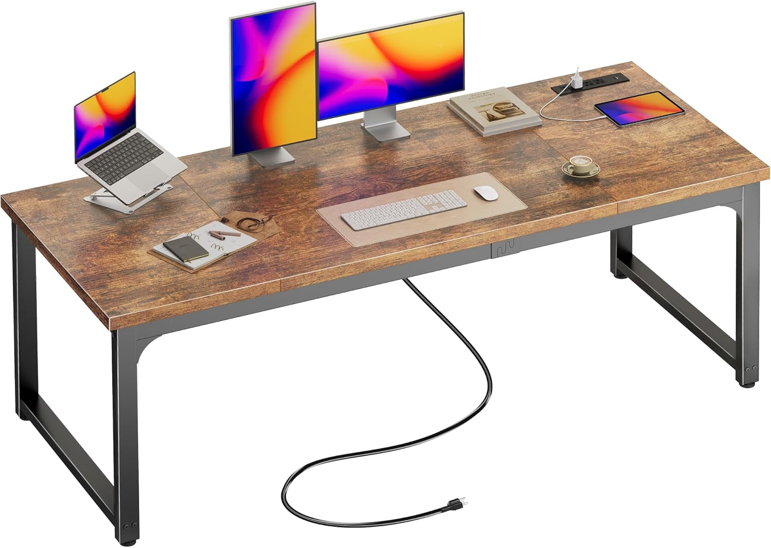 63 X 24 Inch Desk with Power Outlets & USB-C, Deeper & Thicker Desktop, Robust Metal Tubes, Computer Desk, Heavy Duty Office Desk, Work Gaming Desk, for Home Office, Rustic Brown