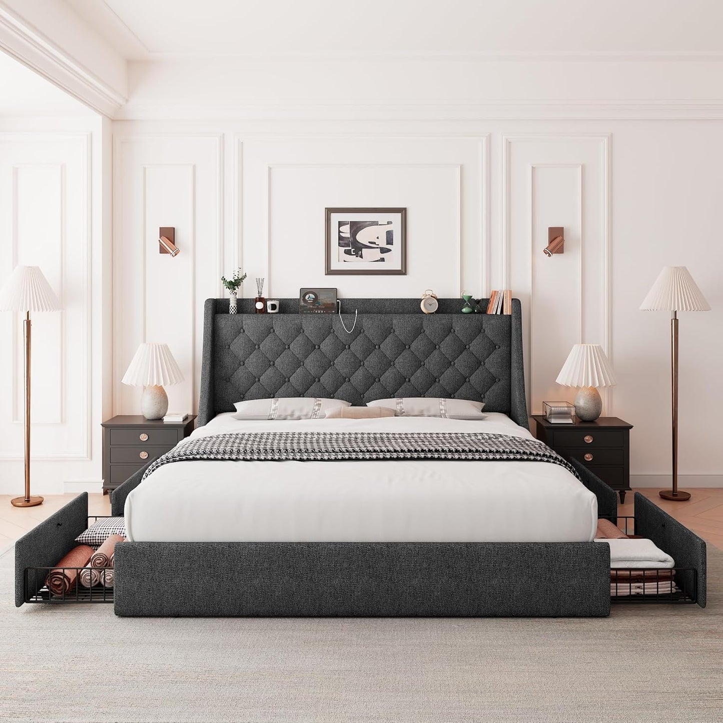 Queen Bed Frame with 4 Storage Drawers, Upholstered Storage Bed with Charging Station, Tufted Wingback Headboard, No Box Spring Needed, Dark Grey