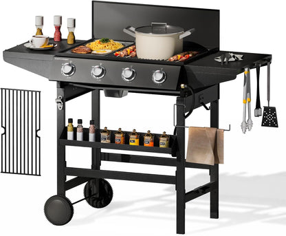 3-In-1 Stove and Griddle Combo Gas Grill 4-Burner Propane Grills 52,000 BTU High Output for Outdoor Patio Barbecue and Meals