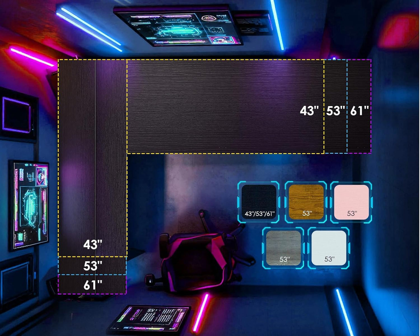 L Shaped Desk Gaming Desk with LED Light & Power Outlet, 53 Inch Reversible L Shaped Computer Table with Shelf & Storage Bag & Hook for Home Office, Black