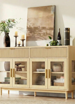 59-Inch Modern Sideboard Buffet Cabinet with Drawers, Adjustable Shelves, and Tempered Glass Doors - Oak Wood Coffee Bar for Kitchen and Living Room