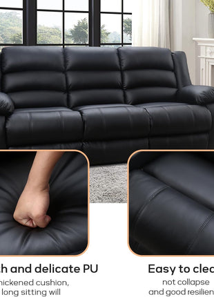 Faux Leather Manual Reclining Sofa with Dual Concealed Cup Holders and Overstuffed Armrests, 3-Seat Recliner for Living Room, Bedroom, or Meeting Room, Black