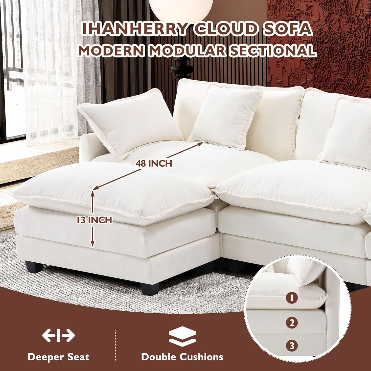 111.4" L Shaped Modern Sofa Modular Sectional Cloud Couch with Ottoman, 4-Seat Chenille Deep Seat Sofa with Pillow for Living Room, Bedroom and Apartment, Beige