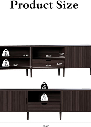 86.6-Inch Mid-Century Modern Fluted TV Stand with Power Outlet for TVs up to 90", Adjustable Shelves, and Sliding Door in Dark Walnut Finish