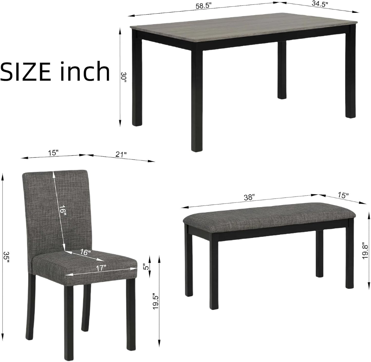 Dining Table Set for 5, Modern 6 Piece Dining Room Table Set with Rectangular Table 4 Upholstered Backrest Chairs and a Bench, Counter Height Kitchen Sets with Wood Grain Surface, Black