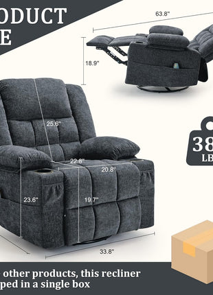 360° Swivel Rocker Recliner Chair for Adults with Massage and Heating Function, Nursery Glider Recliner Featuring Cup Holder, Manual Recliner for Living Room and Bedroom (Fabric, Dark Gray)
