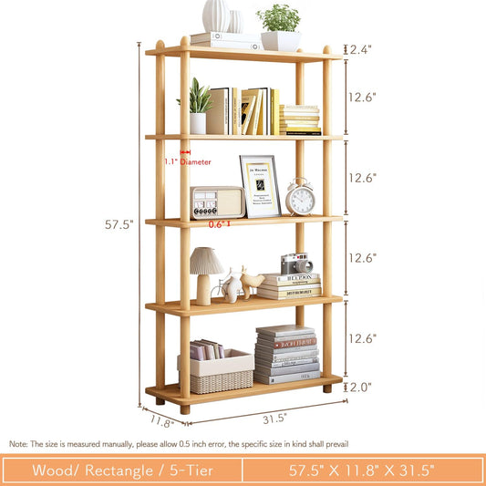 5-Tier Wooden Shelf Bookcase - Modern Open Bookshelf, Free Standing Storage Rack, Multifunctional Display Stand for Home and Office, Oak, Rectangle