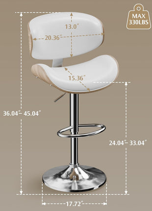 Set of 3 Adjustable Swivel Leather Bar Stools for Kitchen Island - Mid-Century Modern Counter Height Chairs with Backrest and Footrest in Cream White
