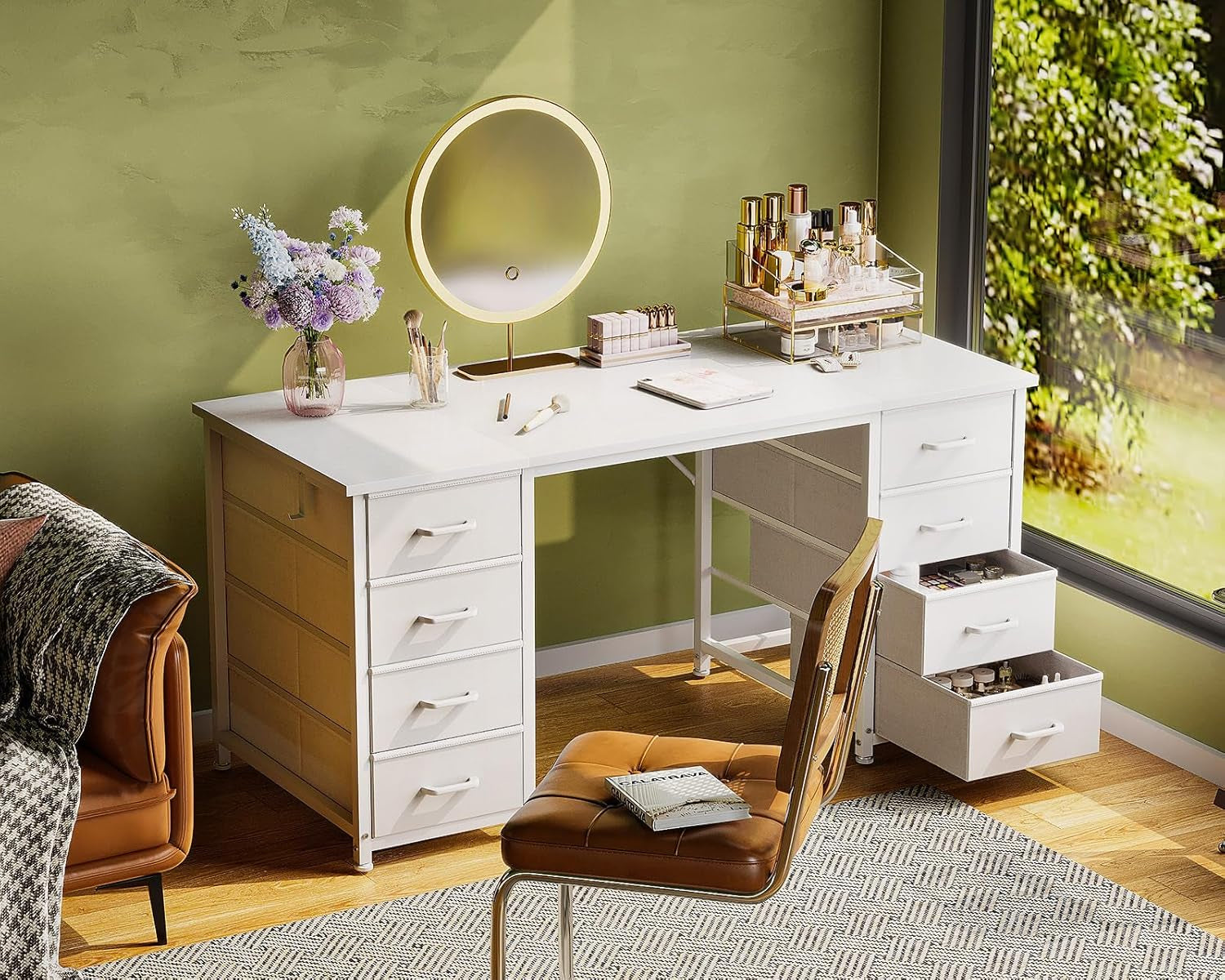 48 Inches Computer Desk with 8 Fabric Drawers, Modern Office Desk with Large Storage for Home Office, Study, White