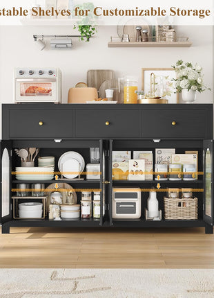 55.1" Farmhouse Buffet Cabinet with Storage Solutions, Featuring 3 Drawers and 4 Doors, Black Wood Sideboard for Kitchen and Coffee Bar