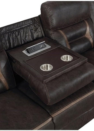 3-Piece Dark Brown Faux Leather Motion Living Room Set with Reclining Sofa, Glider Loveseat with Console, and Glider Recliner with Built-In Cup Holders, Storage, and Power Outlets