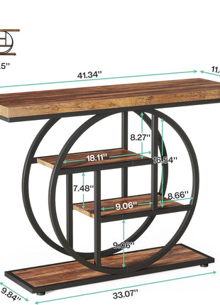 41.3" Industrial Console Table with Circular Base, 4-Tier Narrow Wood Accent Table Featuring Storage Shelves for Living Room, Hallway, and Foyer in Rustic Brown