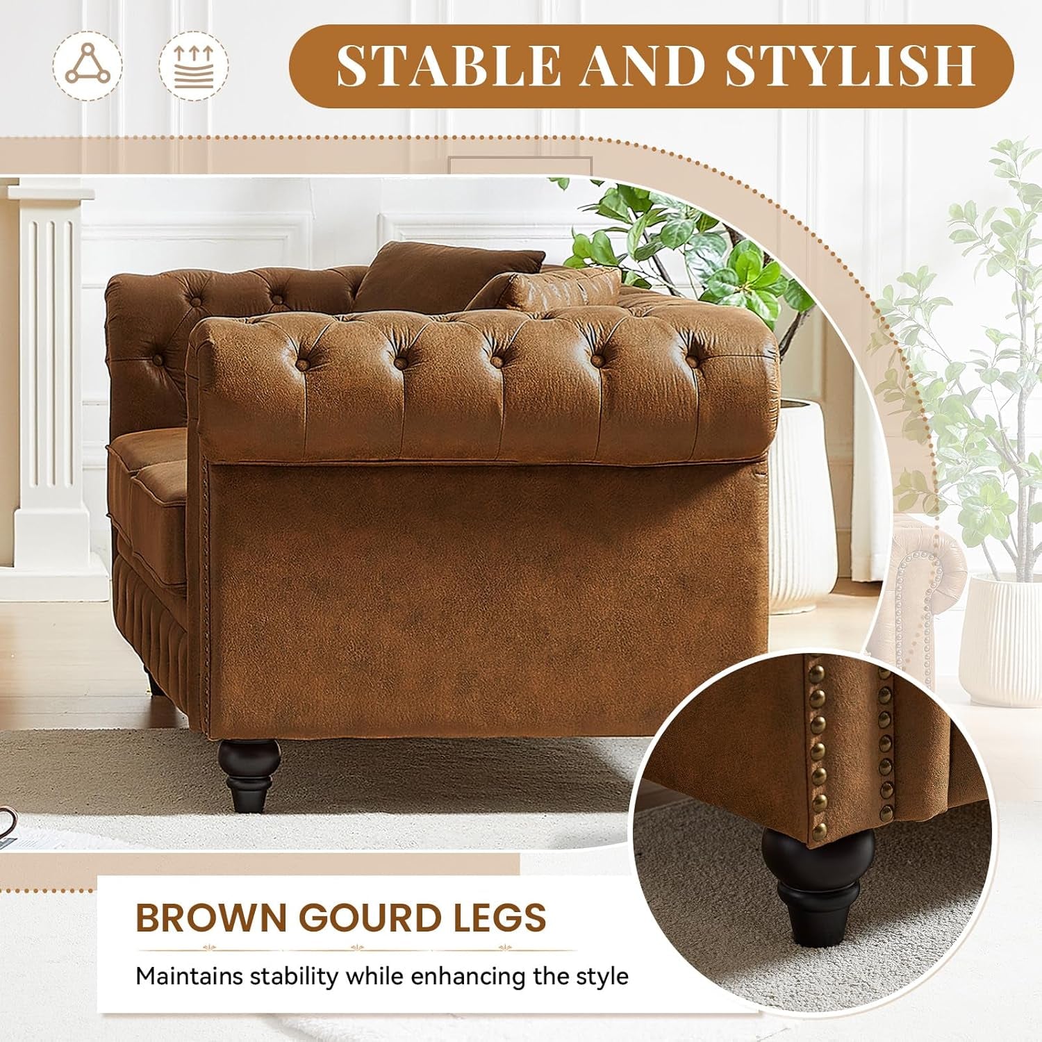 Modern Chesterfield Sofa Couch, 63.5-Inch Faux Leather Loveseat Sofa with Rolled Armrests and Tufted Button for Living Room, Office, Brown