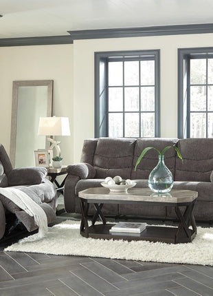 Signature Design by Ashley Tulen Contemporary Manual Pull Tab Reclining Sofa in Dark Gray