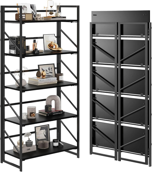 No Assembly Folding Bookshelf, 5 Tier Industrial Metal Book Shelf for Storage, Vintage Wood Foldable Bookcase for Living Room, Bedroom, Office Organization Shelves