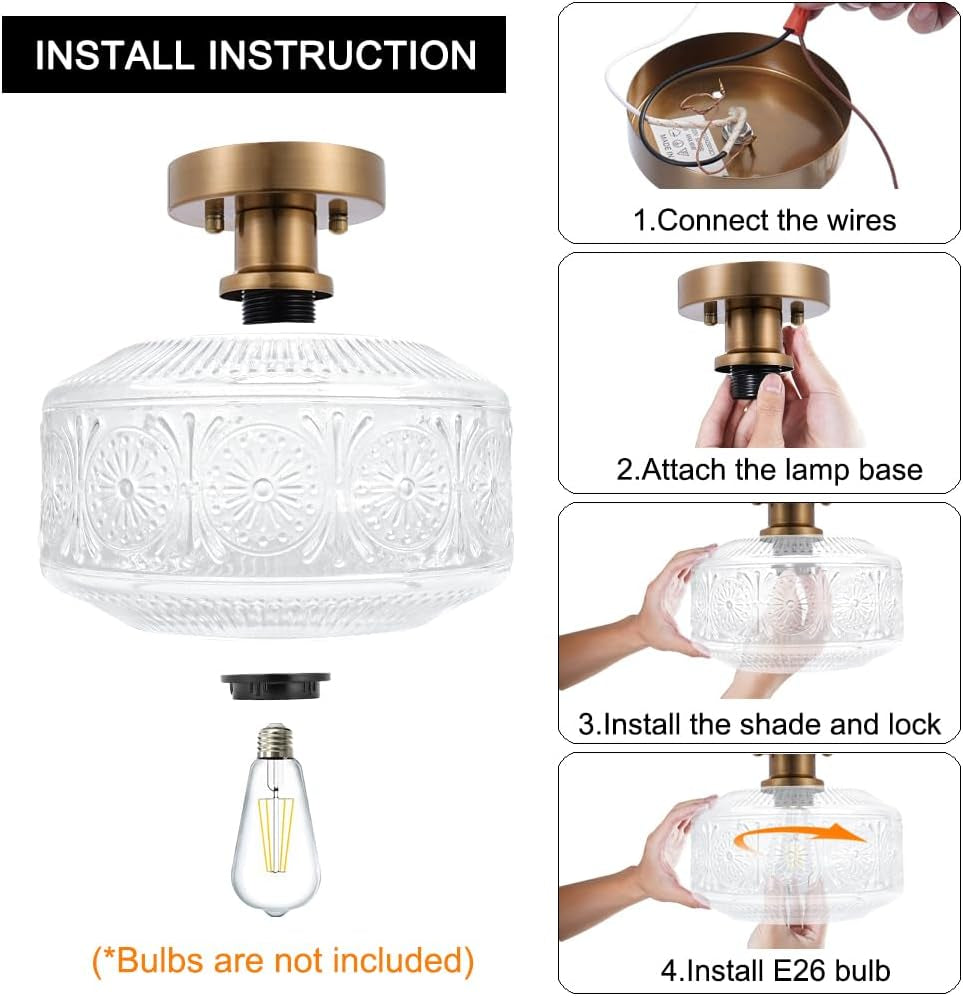 DSMJFU Semi Flush Mount Ceiling Light, Vintage Small Ceiling Light Fixture, Thickened Glass Hallway Lighting Fixture, Brass Kitchen Ceiling Mount Light for Entry Way, Bedroom, Bathroom, Porch