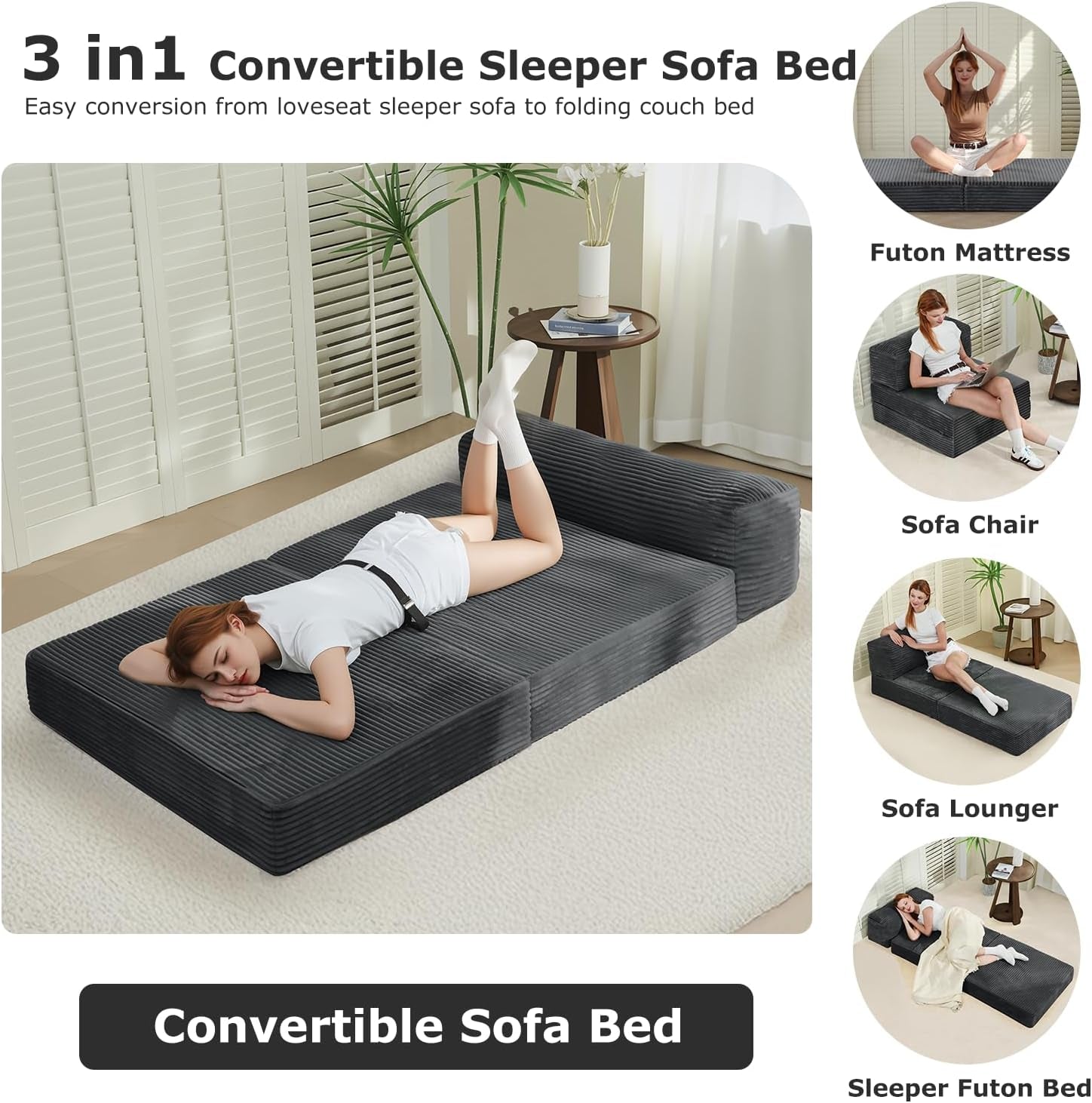 Folding Sofa Bed, Convertible Sleeper Chair Foldable Mattress with Back Support, Comfy Floor Couch Sofa Lounge for Living Room Bedroom, Grey, Single