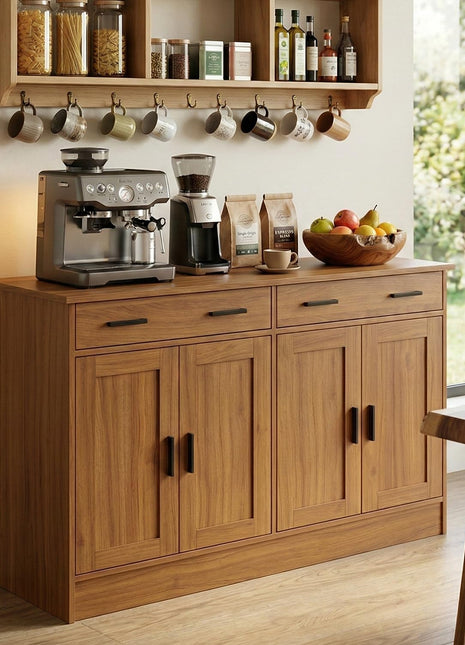 53-Inch Rustic Brown Buffet Cabinet with Ample Storage - Contemporary Kitchen Sideboard Server with 2 Drawers and 4 Doors, Perfect for Dining Room, Living Room, or Hallway