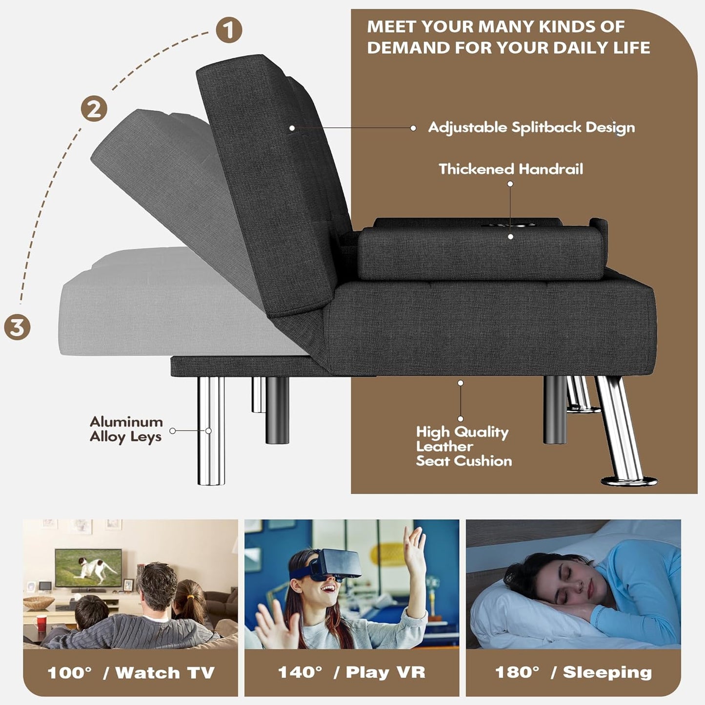 Futon Sofa Bed, Futon Couch with Removable Armrests, Adjustable Recliner Sleeper Sofa Bed with Dual Cup Holders for Living Room, Apartment, Office (Fabric, Black)