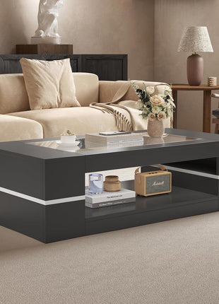47.2" Contemporary Rectangular Glass-Top Coffee Table with Dual-Tier Wooden Storage for Living Room, Black