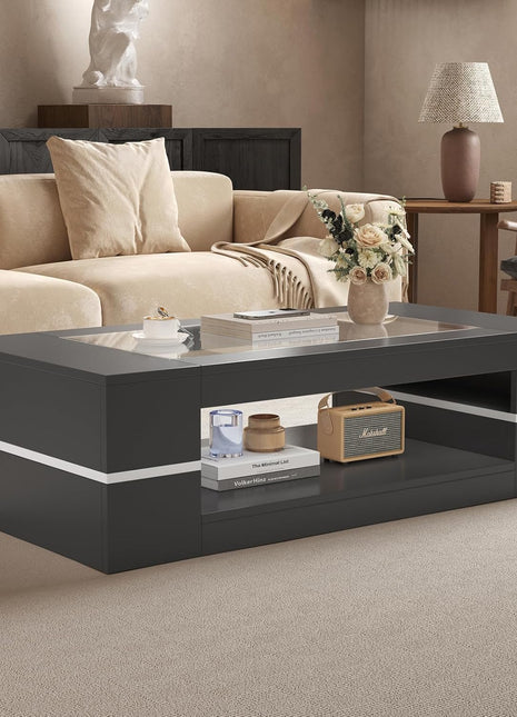 47.2" Contemporary Rectangular Glass-Top Coffee Table with Dual-Tier Wooden Storage for Living Room, Black