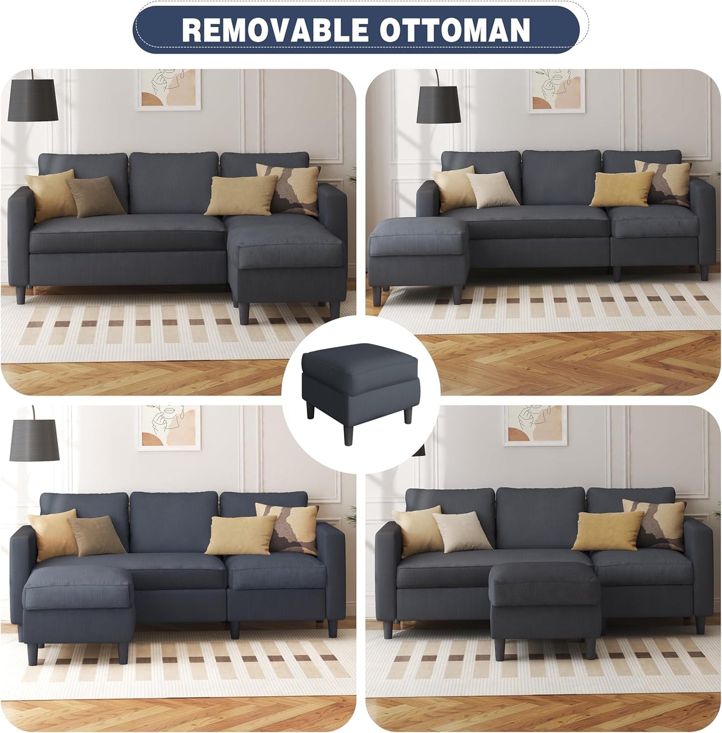 Small Sectional Sofa Couches,L Shape Convertible Sofa with Ottoman,3 Seat Comfy Corduroy Upholstered Sofa Couch,Small Couch for Apartment,Living Room and Office(Dark Grey)