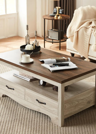 Farmhouse Coffee Table with Storage, Wood Construction, Open Display Area, and Drawers with Metal Handles in Oak and Brown Finish