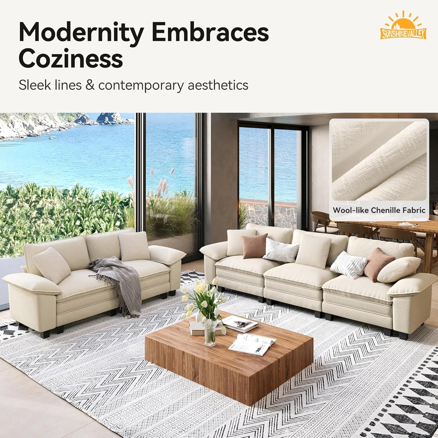 Sofa and Loveseat Set, Oversized Chenille Modular Love Seat and 3-Seat Couch with Pillows, 2 Piece Modern Cloud Sectional Deep Seat Sofa Furniture Set for Living Room, Beige