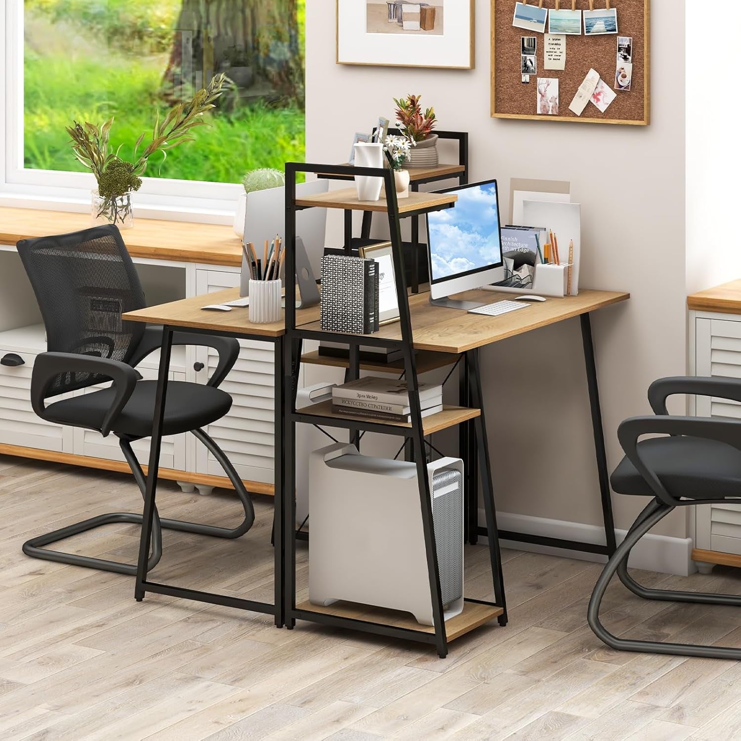 Computer Desk with 4-Tier Storage Shelves, Home Office Desk Writing Table with Sturdy X-Shape Frame, Adjustable Foot Pads, Modern Small Study Desk, Wide Tabletop (Natural and Black)