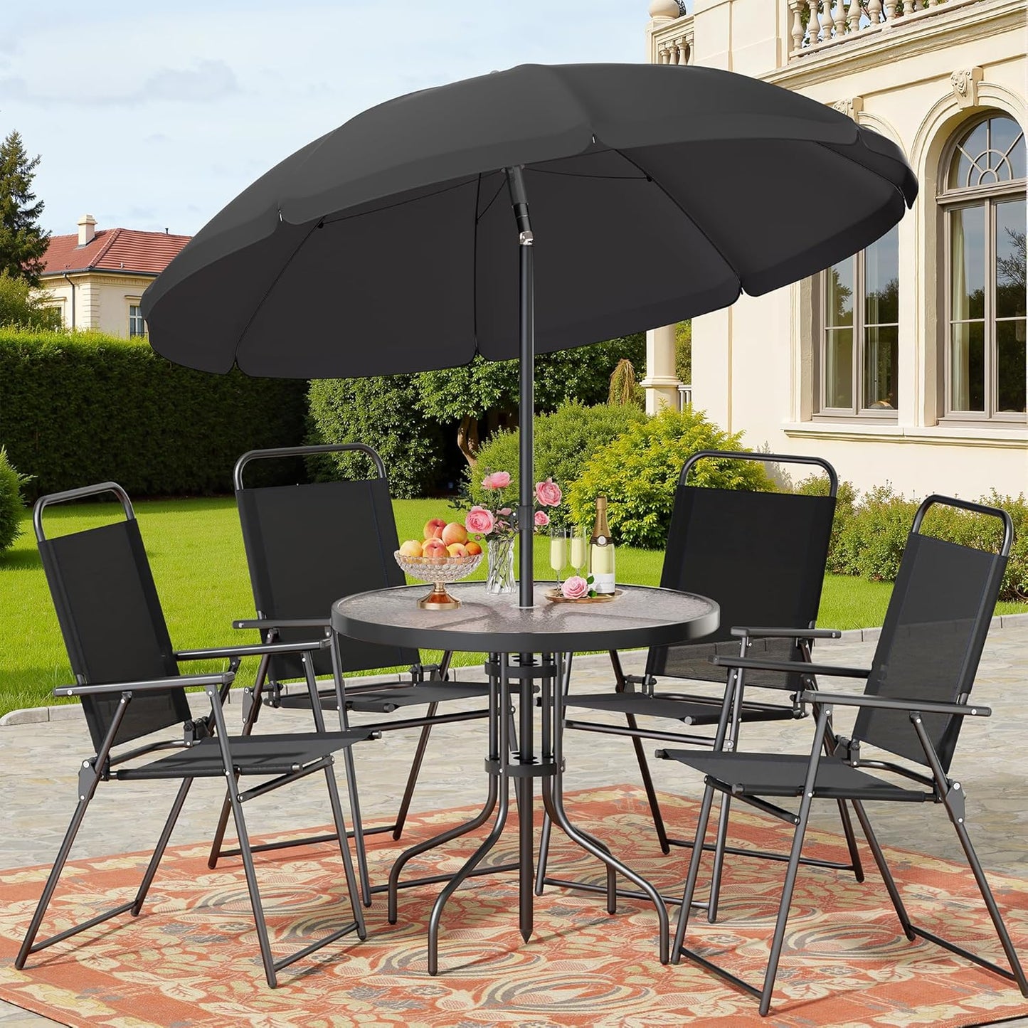 6 Piece Patio Dining Set with Umbrella, Outdoor Furniture Set with 4 Folding Chairs and Tempered Glass Top Dining Table Fot Lawn Backyard Garden Porch Black