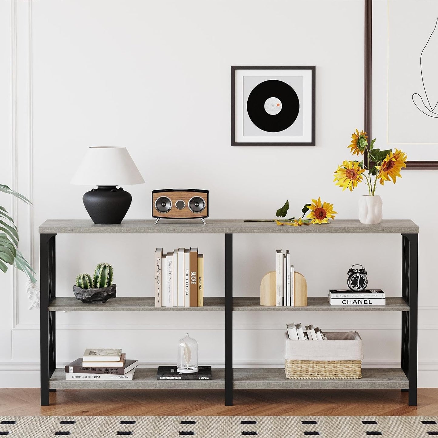 Industrial Entryway Table, Farmhouse Rustic Console Table behind Couch, Long Metal Wooden Sofa Table with Storage Shelf, Modern Foyer Hallway for Living Room Bedroom, Light Grey Oak, 63 In