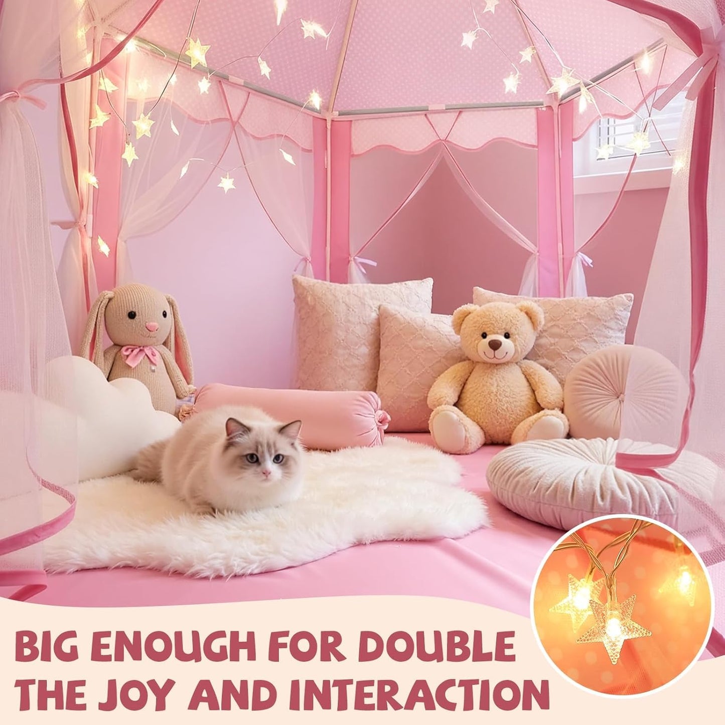 Princess Castle Tent for Girls Fairy Play Tents for Kids Hexagon Playhouse with Fairy Star Lights Toys for Children or Toddlers Indoor or Outdoor Games (Pink)