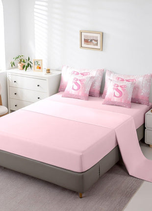 Personalized Pink Bowknot 7-Piece Twin Bedding Set for Kids, Princess Glitter Comforter with Monogrammed Initial and Sheets, Ideal Bedroom Decor for Teens