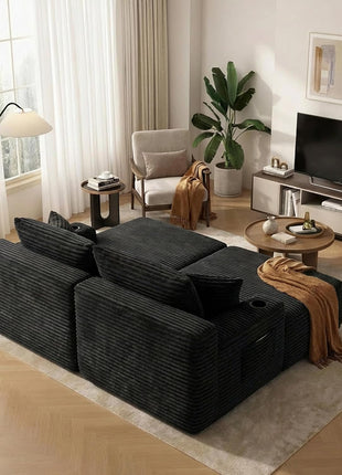 Oversized 69" Boneless Chaise Lounge Chair with Cup Holders and Storage Pockets – Plush Modular Sofa in Black for Superior Comfort