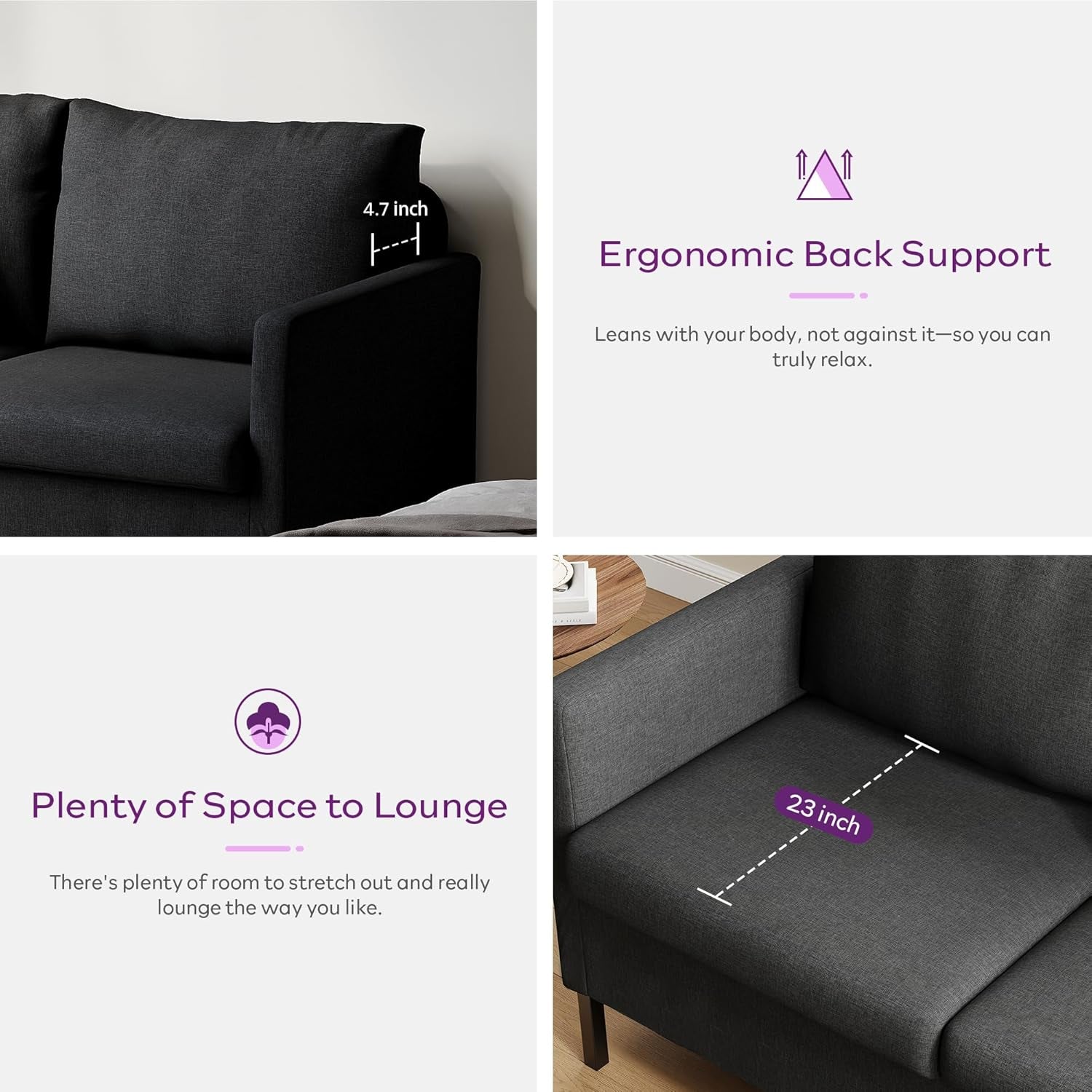 Linen Fabric Modern Small Loveseat Sofa Couch for Living Room, 51" W Little Upholstered 2-Seater Mini Love Seats W/Iron Legs for Small Space, Apartment, Bedroom, Dorm, Office (Dark Grey)