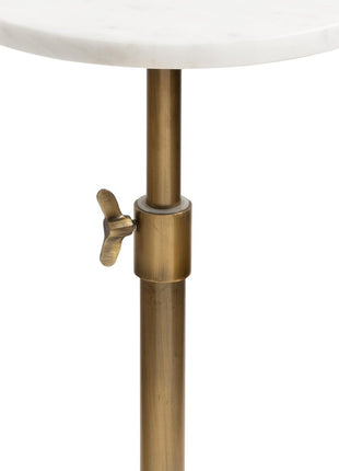 Engles Traditional Adjustable-Height Pedestal Drink Table - 10" x 10" x 30" - White Marble Top with Antique Brass Base - Vintage Round Indoor Metal Plant Stand