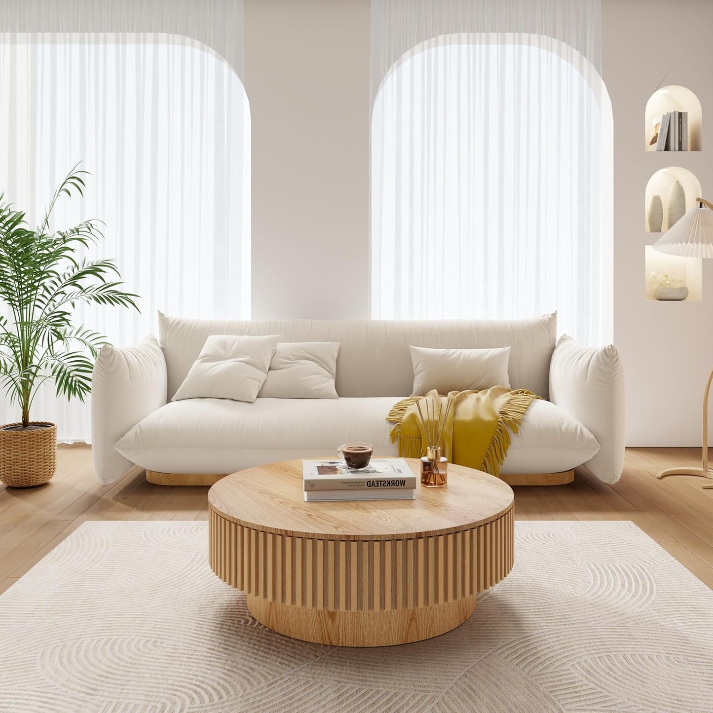 39.37'' round Coffee Table with Storage, Modern Fluted Circle Coffee Table Unique Drum Low Center Tea Table with Solid Wood Veneered for Living Room, Mesas De Centro Para Sala, Natural